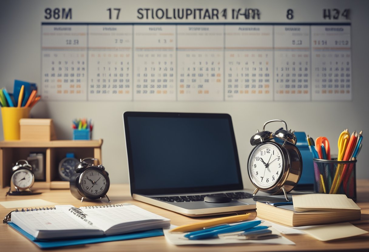 A desk with a calendar, clock, and various organizational tools. A child's backpack and school supplies nearby. An adult pointing to a schedule on the wall