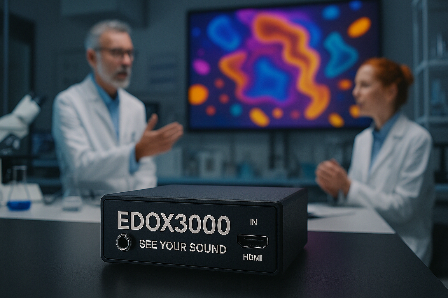 Device Edox3000 in the foreground, two scientists analizing